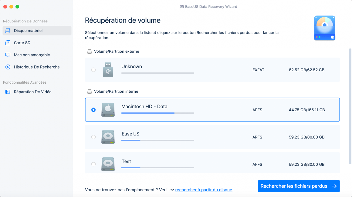 sélectionnez l'emplacement où les données ont été supprimées et cliquez sur analyser.
