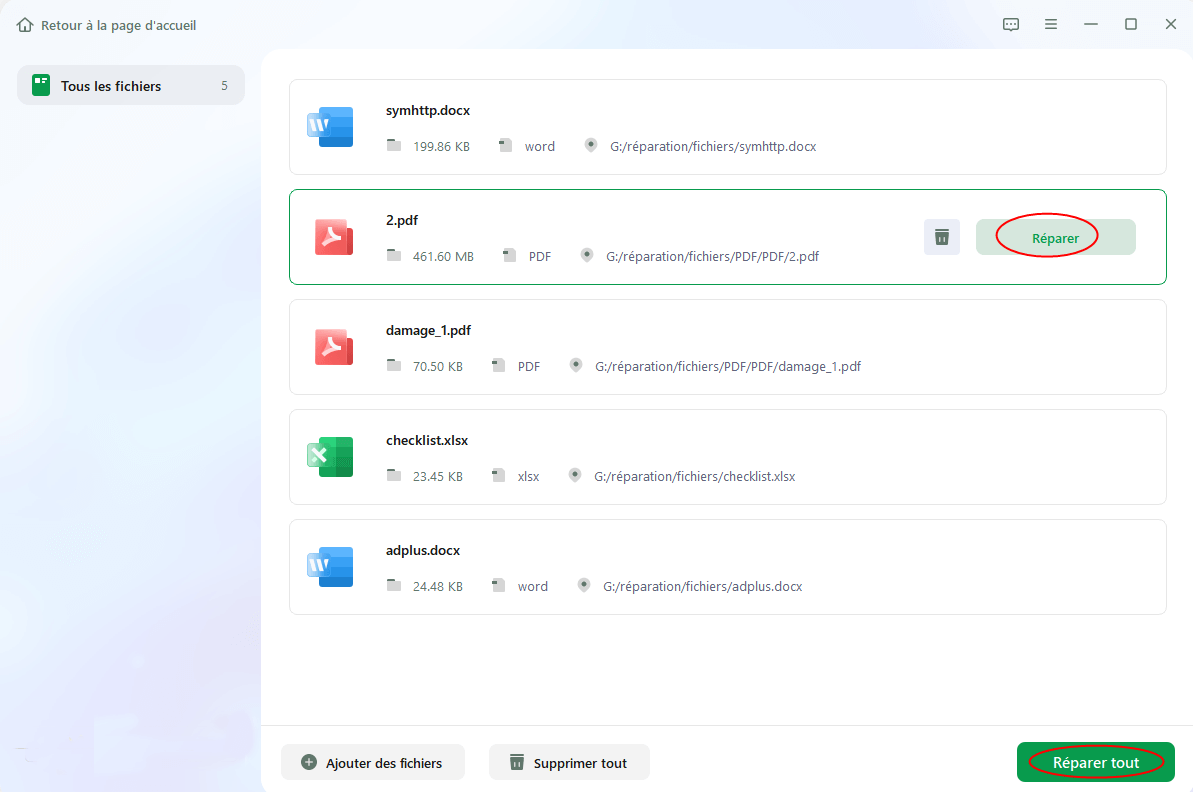 sélectionner les documents à réparer