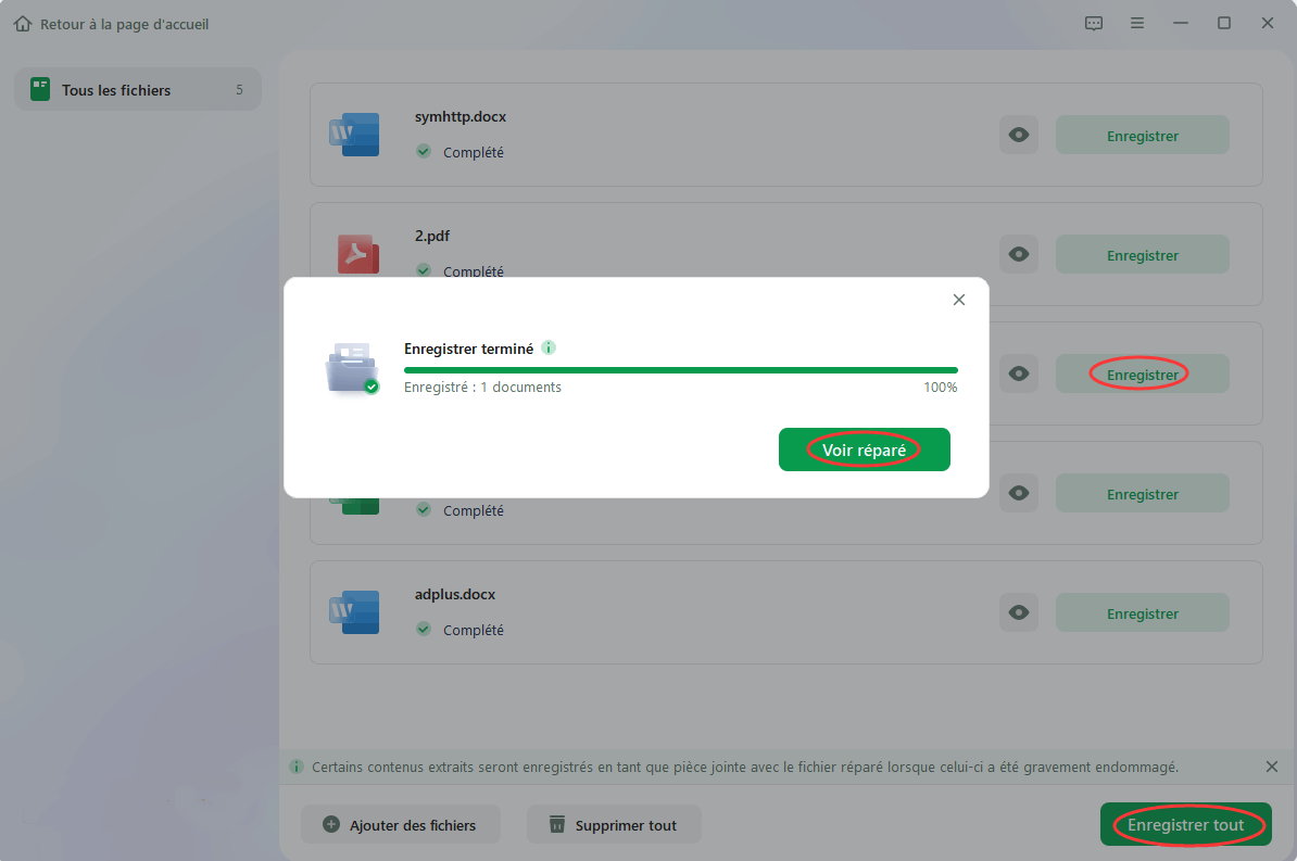 enregistrer les documents réparés dans Fixo